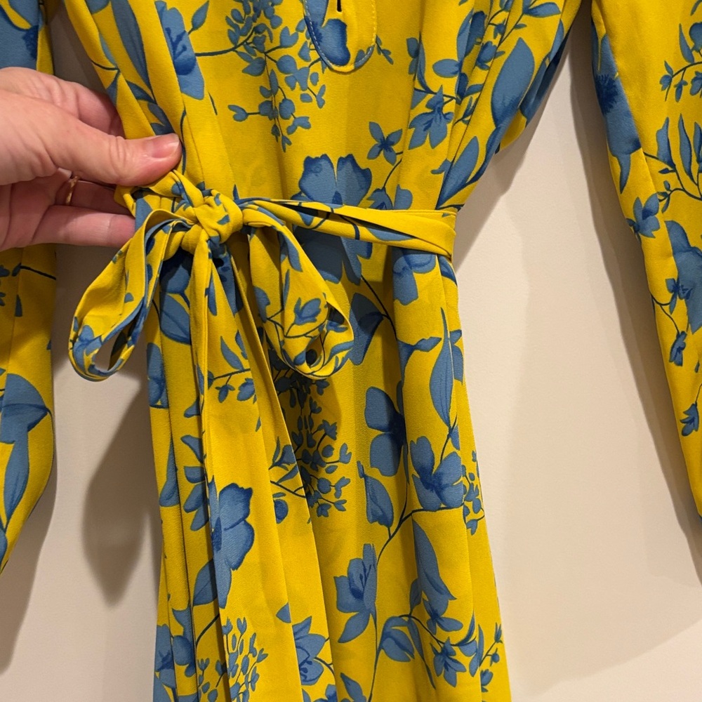 CAbi Lemon Drop DressYellow Blue Floral Tie Waist Long Sleeve Size M